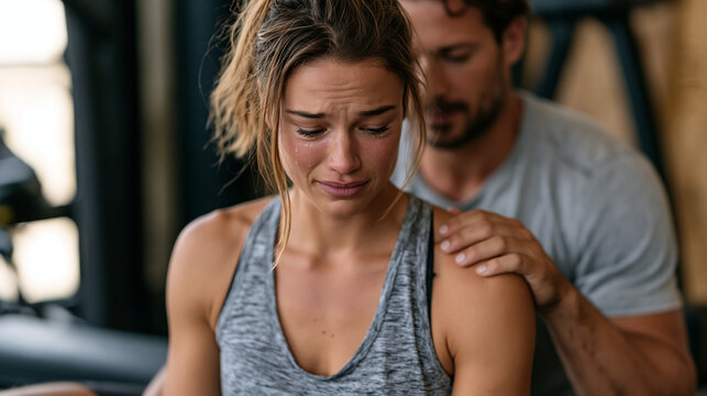Personal trainer sitting beside a tearful client on a gym bench after a hard session, hand on shoulder in supportive gesture, no equipment in immediate frame, emotional coaching