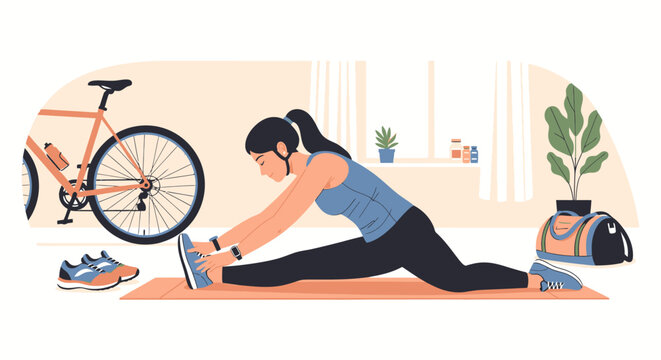 Woman stretching on yoga mat with bicycle and gym bag.