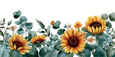 Watercolor sunflowers and eucalyptus creating a rustic botanical border, celebrating nature's beauty, growth, and vibrant autumn harvest season © Narin