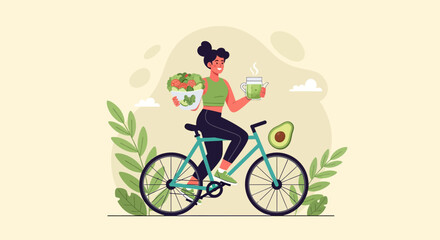 Fototapeta premium Woman riding bicycle holding healthy food and drink.