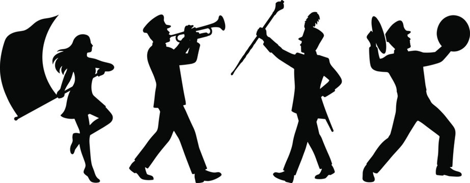 Marching Band Silhouette Set with Musicians Drum Major and Performance Poses