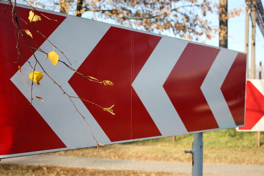 A red and white chevron road sign framed by delicate autumn branches with yellow leaves.
