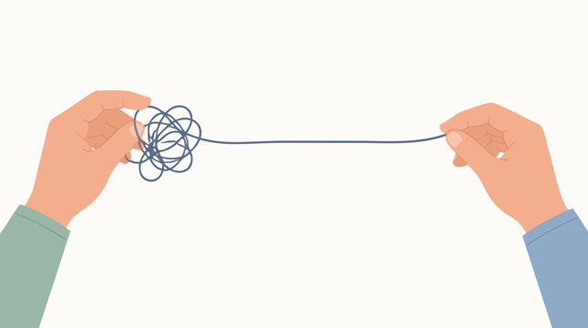 Human Hands Gently Untangling a Messy Tangle of String into a Perfectly Straight Line Concept for Problem Solving Mental Clarity Simplicity and Order Flat Vector Illustration Light Background