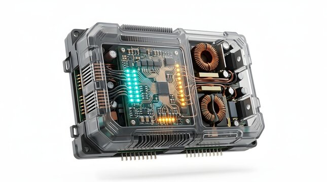 Clean 3D render of a futuristic electronic control unit featuring a transparent casing, internal circuit board with microchips, copper induction coils, and glowing cyan and orange LED indicators.