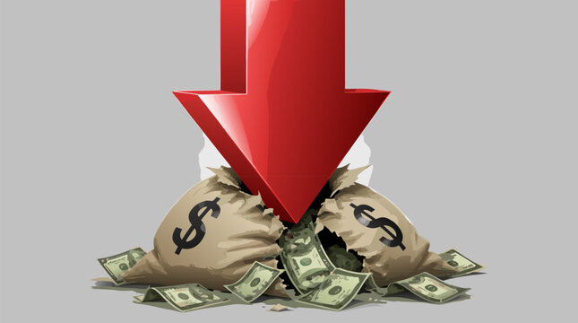 Large Red Downward Arrow Crushing a Bag of Money Symbolizing Financial Crisis Market Crash Inflation Economic Loss and Business Bankruptcy Flat Vector Illustration on Light Background
