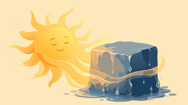 A smiling cartoon sun character with rays positioned next to a melting dark blue ice block with water drips symbolizing summer heat in this flat vector illustration.