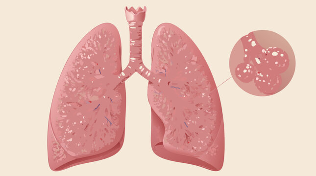 A detailed anatomical illustration of human lungs with trachea and bronchi branches plus a circular inset showing alveoli structure in this clean flat vector illustration for science and medical conce