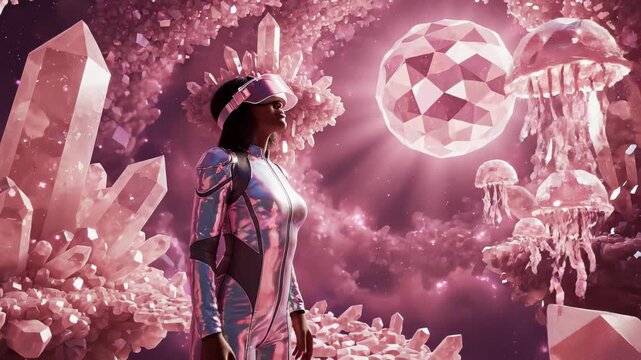 Futuristic woman in a virtual reality headset explores a luminous pink crystalline landscape with faceted levitating orbs and floating crystal formations under surreal cosmic glow