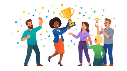 Fototapeta premium Diverse team celebrates winning trophy and success in vibrant office setting with confetti