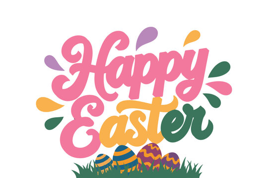 Happy easter typography design with decorated eggs in grass illustration
