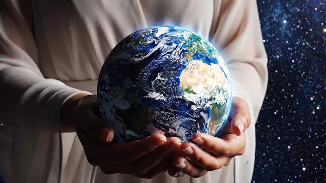 A pair of human hands gently cradling a realistic Earth globe against a vast star-filled cosmic background, symbolizing planetary stewardship, protection, unity, and care