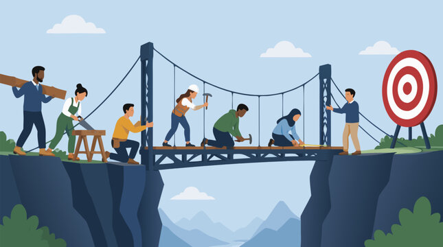 A flat vector illustration of a diverse business team building a bridge across a gap toward a glowing target, ideal for teamwork and corporate goal-setting concepts.
