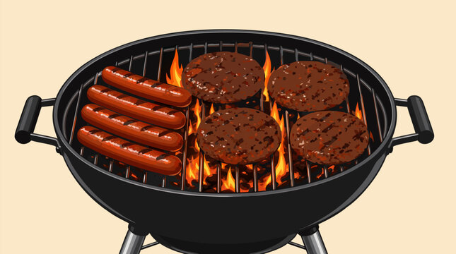 A round black charcoal kettle BBQ grill viewed from above showing hot dogs sausages and burger patties cooking over open flames in this clean flat vector illustration for food and summer themes.