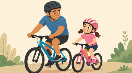 Fototapeta premium A flat vector illustration of a father and daughter joyfully riding bicycles together outdoors, perfect for family lifestyle brands, Father's Day materials, and active living advertising campaigns.
