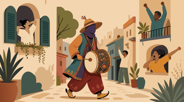 A flat vector illustration of a faceless traditional drummer energetically waking people up, suitable for cultural heritage campaigns, music event promotions, and African tradition graphic design.
