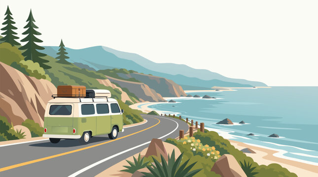 A retro green VW-style camper van with a roof rack and luggage driving along a scenic winding coastal cliff road in this clean flat vector illustration ideal for travel and road trip themes.
