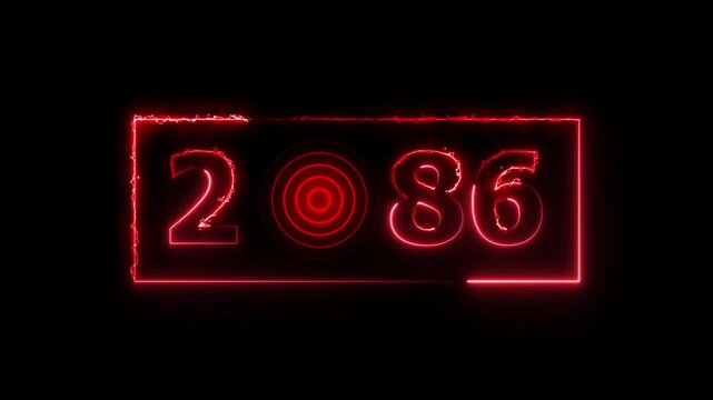 2086 years neon bright number text radio wave red color animation. New year celebration number. Black background 4k video.