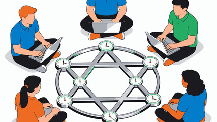 People sitting around a molecular structure.