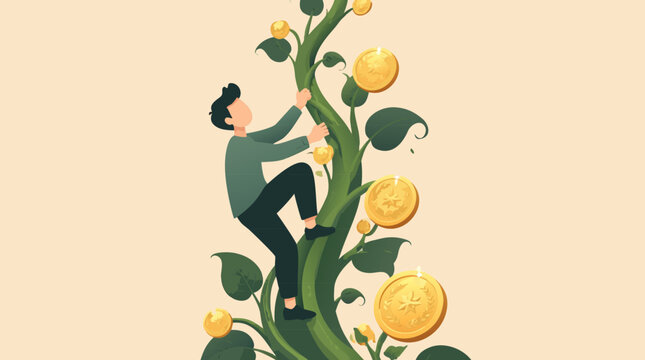 A flat vector illustration of a faceless person climbing a tall green vine covered in gold coins, symbolizing wealth growth, financial ambition, and investment perseverance for business design themes.