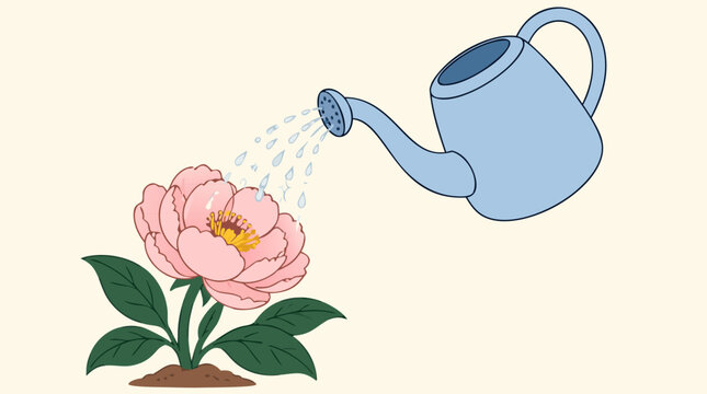 A flat vector illustration of a watering can pouring drops onto a blooming pink peony flower in soil, ideal for gardening, botanical care, plant care apps, spring promotions, and nature-themed design.