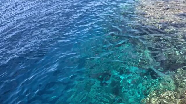 Clear blue water reveals a vibrant coral reef beneath the surface, showcasing marine life and underwater textures.