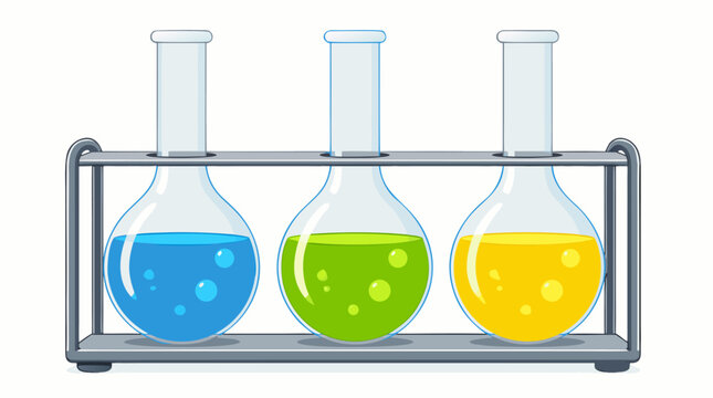 A laboratory metal rack holding three round-bottom flasks filled with bright blue green and yellow chemical liquids with bubbles on a white background in this clean flat vector illustration for scienc