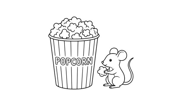 Cute little mouse with big popcorn bucket coloring page vector illustration for kids