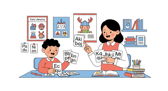 Teacher and student learning early literacy with flashcards
