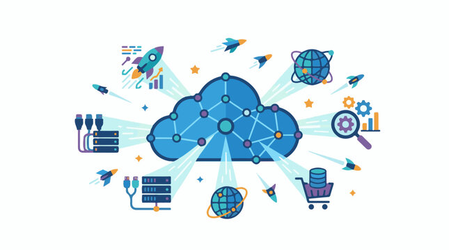 A stylized blue cloud with nodes and lines surrounded by icons of rockets servers and more