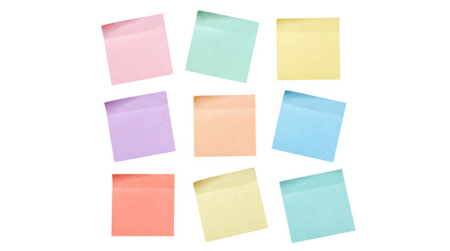 Collection of nine blank square sticky notes in various soft pastel colors.