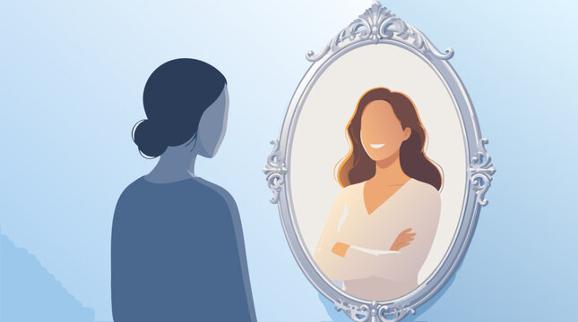 Flat vector illustration of a blue female silhouette looking into an ornate mirror that reflects a glowing confident version of herself, perfect for self-confidence and empowerment themes