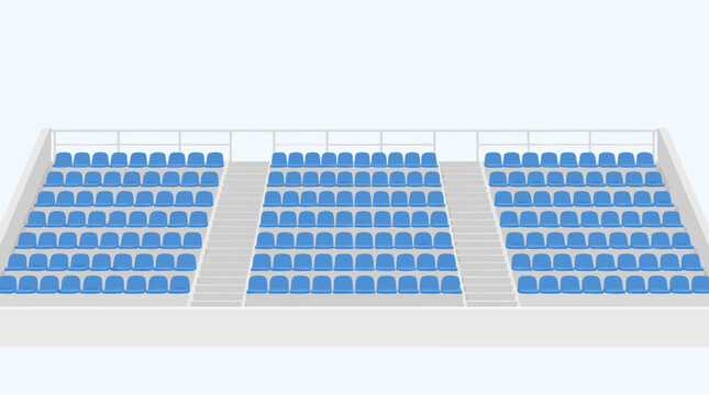 Flat vector illustration of three sections of blue stadium bleachers with aisles on a light background, ideal for sports venue and entertainment event themes