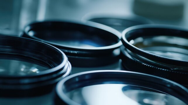 Collection of various circular glass camera filters including uv and polarizing types, lying on a smooth surface, providing a detailed view of camera accessories and optical equipment