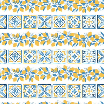 Mediterranean lemons branch and blue azulejo tile. Vector striped traditional Italian ceramic seamless pattern, repeat background, citrus wallpaper, summer fruit print, textile design, wrap paper.