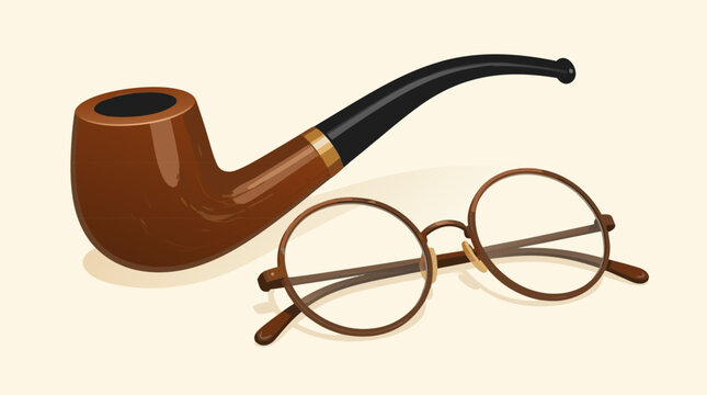 Flat vector illustration of a vintage wooden smoking tobacco pipe beside a pair of round wire-framed spectacles on a cream background, ideal for retro lifestyle and intellectual heritage themes