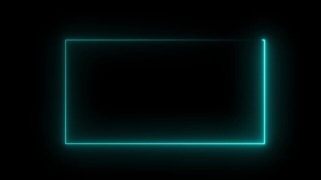 glowing neon cyne color square rectangle picture frame icon animation display neon box footage shape round seamless border retro movement on black background.