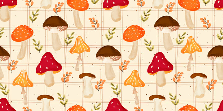 Line watercolor pattern with a seamless bg of cute mushroom and striped gingham details. Adorable fabric design for agaric illustration with leaves, love, harvest, and drawing elements. Cozy.