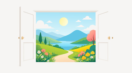 Naklejka premium A flat vector illustration of open white doors revealing a bright colorful nature landscape with flowers and a lake on a light background, ideal for commercial use in opportunity, new beginnings, and 