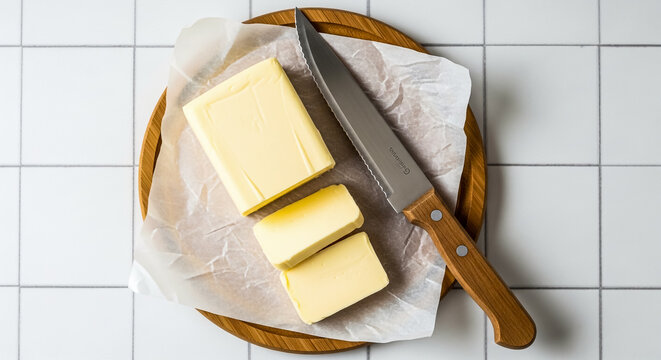 Fresh creamy yellow butter block sliced into small pieces with a sharp serrated metal kitchen knife on a wooden board covered in white parchment paper on a clean tiled surface