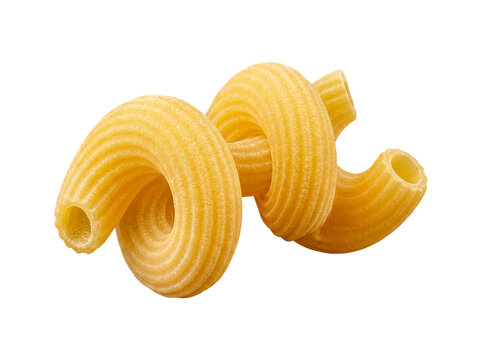 Two intertwined dry Italian maccheroni rigati pasta pieces, textured, isolated on transparent background.
