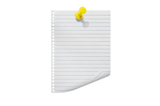 Torn notebook paper attached with a push pin isolated on a transparent background.