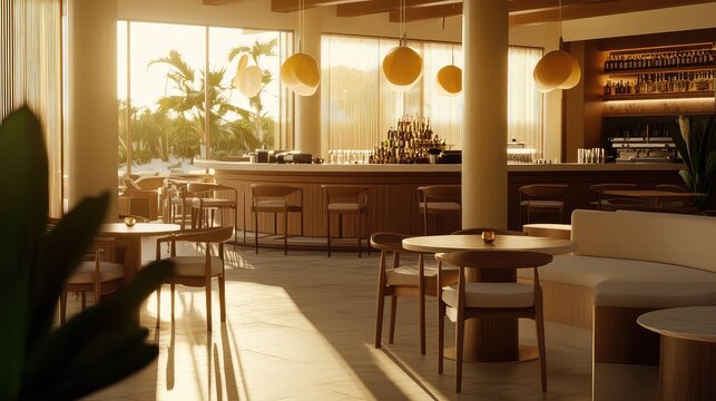 Elegant bar area inside a modern resort restaurant, featuring stylish wooden furniture and a fully stocked counter, bathed in the warm, golden light of late afternoon