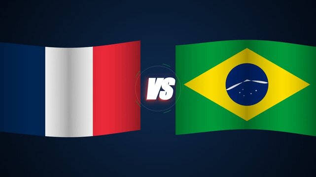 France versus Brazil flags waving on dark background