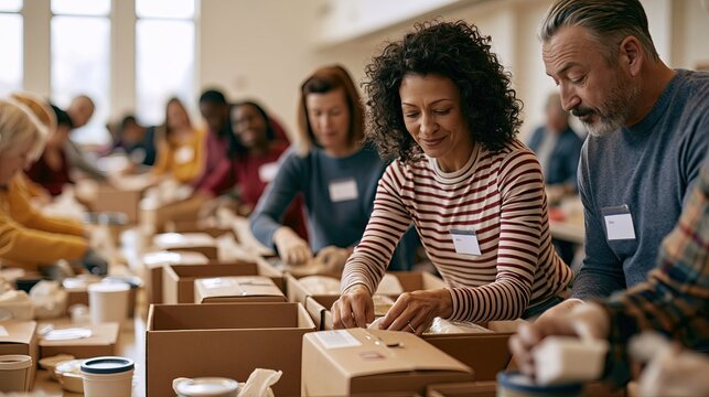 Diverse Volunteers Packing Care Packages in Bright Church Community Hall, Teamwork and Charity Outreach Concept