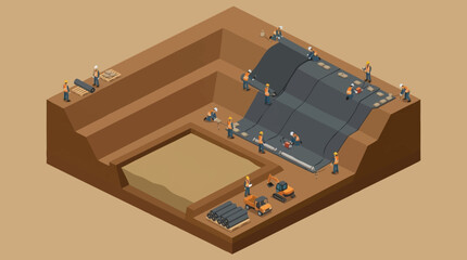 Ancient archaeological excavation site with workers uncovering artifacts. © Syakilla
