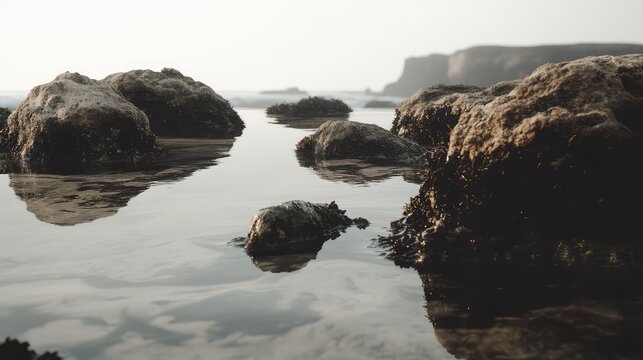 Rocky tidal pools reflect a serene ocean and sky, creating a tranquil seascape at low tide with boulders covered in seaweed emerging from the calm water