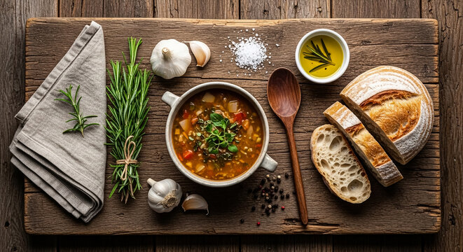 Rustic bowl of hearty vegetable soup served with crusty sourdough bread slices and fresh rosemary sprigs on a weathered wooden table captured from a top down flat lay photography perspective