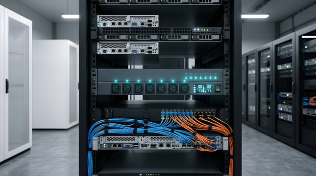 Rack-mounted power distribution unit PDU with digital status display and LEDs in a modern data center server cabinet featuring organized blue and orange network ethernet cabling.