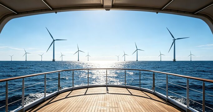 Boat deck view overlooking rows of offshore wind turbines across calm blue ocean under bright clear sky. Ideal for offshore energy reports, eco power conference banners.