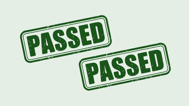 Passed rubber stamps with distressed texture displayed on a light green background approval success achievement completion validation stamp imprint